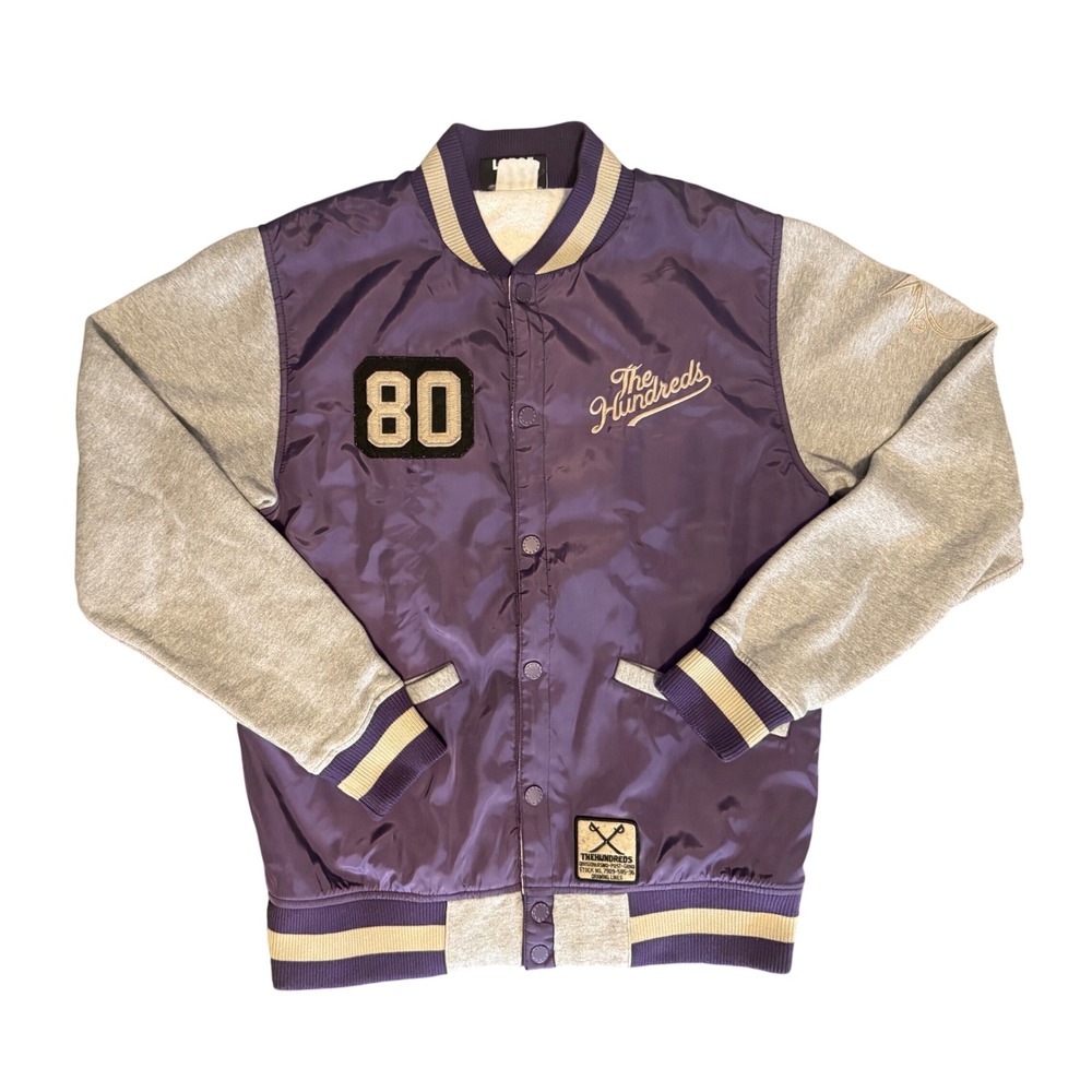 The Hundreds Drawing Lines Varsity Jacket Mens Large Purple Grey Adam Bomb 80
